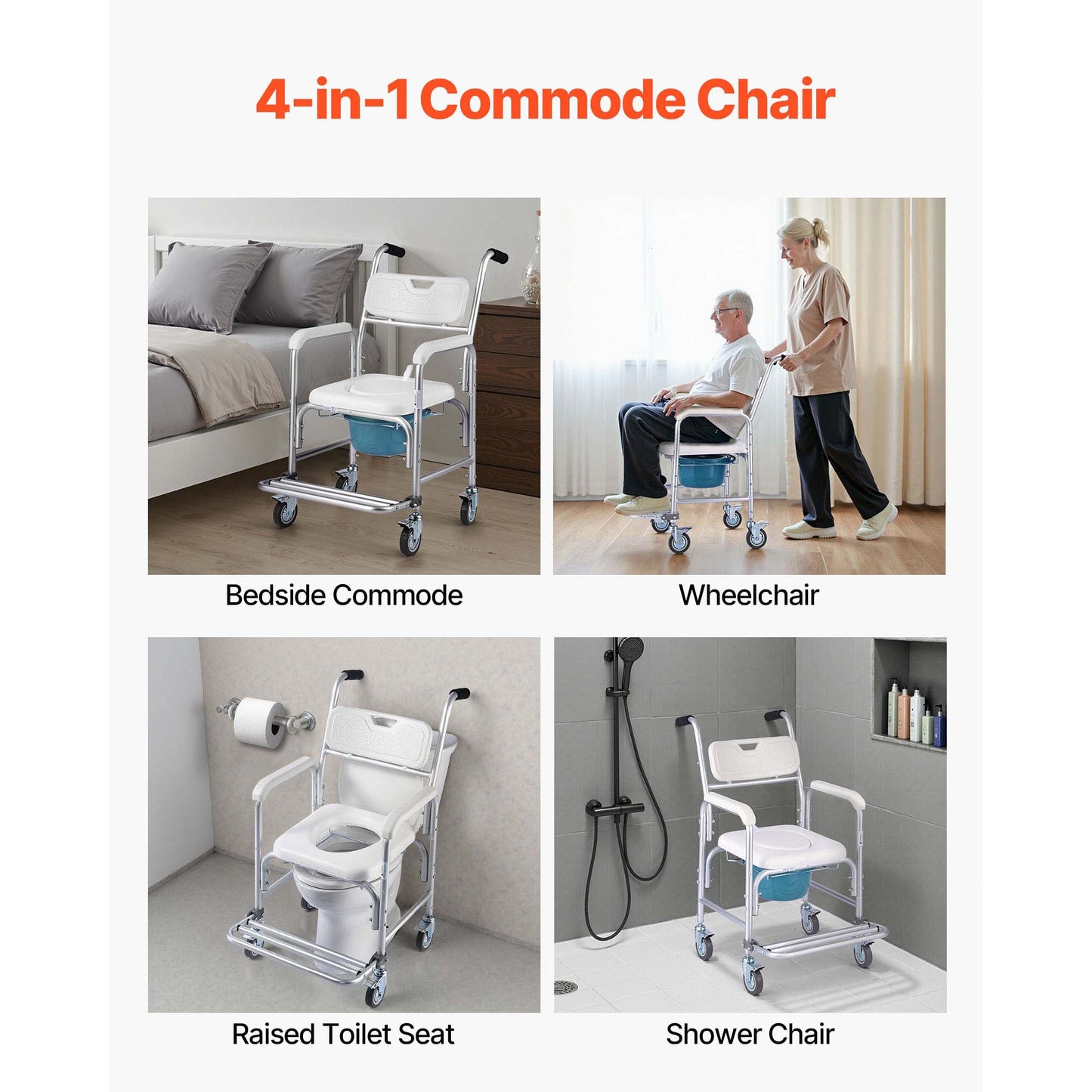 Commode Chair 4-Wheel 4-in-1 Aluminum 350 LB Rolling Lockable Padded Seat