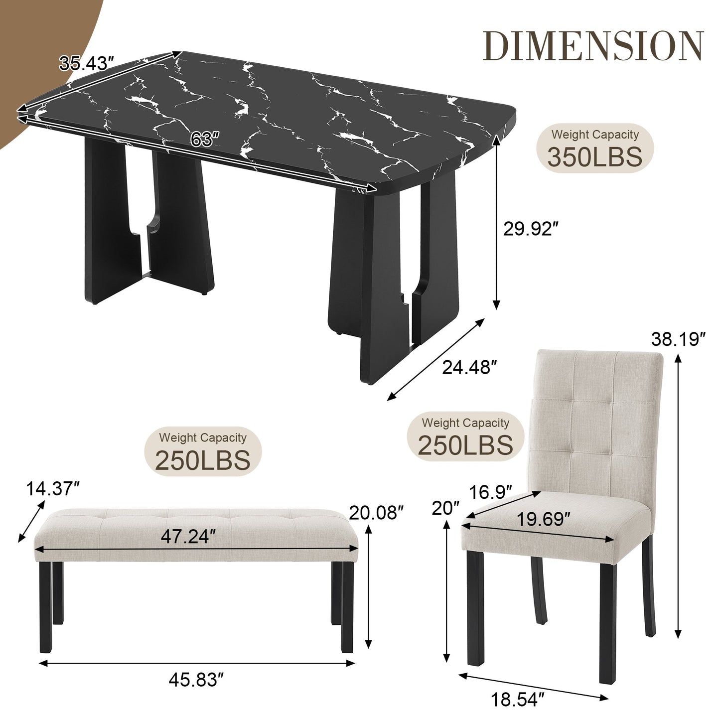 6 Piece Modern Dining Table Set, 63' Faux Marble Dining Table with Geometric