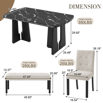 6 Piece Modern Dining Table Set, 63' Faux Marble Dining Table with Geometric