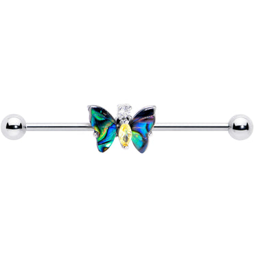 14G Yellow Clear Gem Dark Butterfly Industrial Barbell 38mm