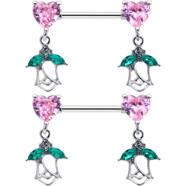 14G 9/16 Pink CZ Gem Hearts And Roses Dangle Nipple Ring Set