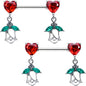 14G 9/16 Red CZ Gem Hearts And Roses Dangle Nipple Ring Set