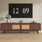 TV Stand Mid-Century Dark Brown Solid Wood Rattan Sliding Door Fits 80 In TV