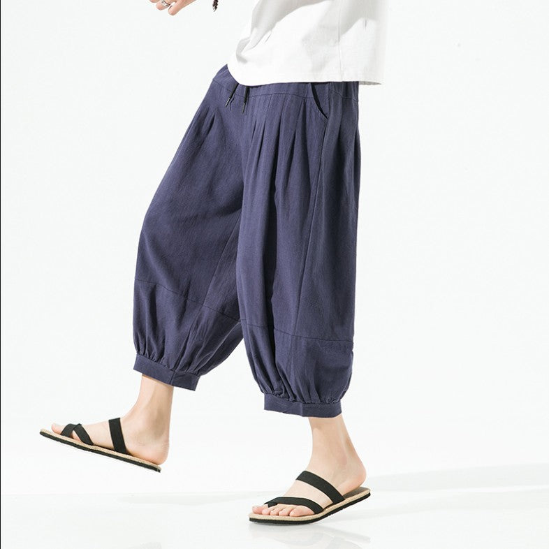 Mens Casual Cotton-Linen Wide-Leg Pants