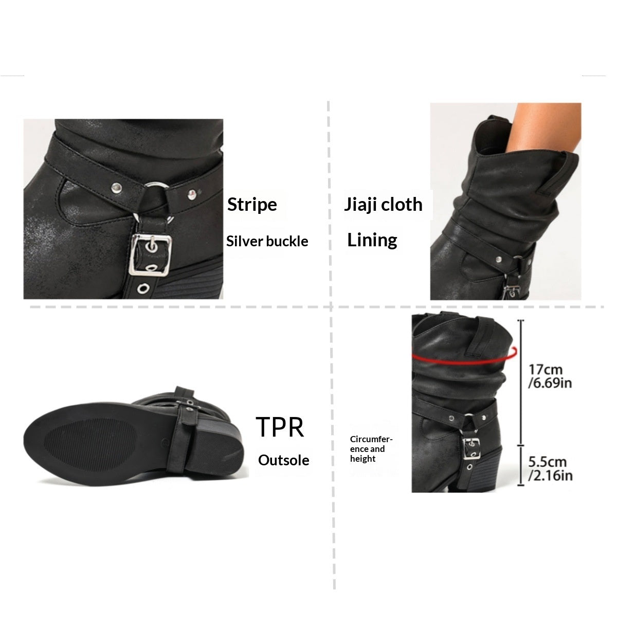Loose-fitting Studded-strap Mid-calf Boots With Chunky Heels And A Slimming Round Toe