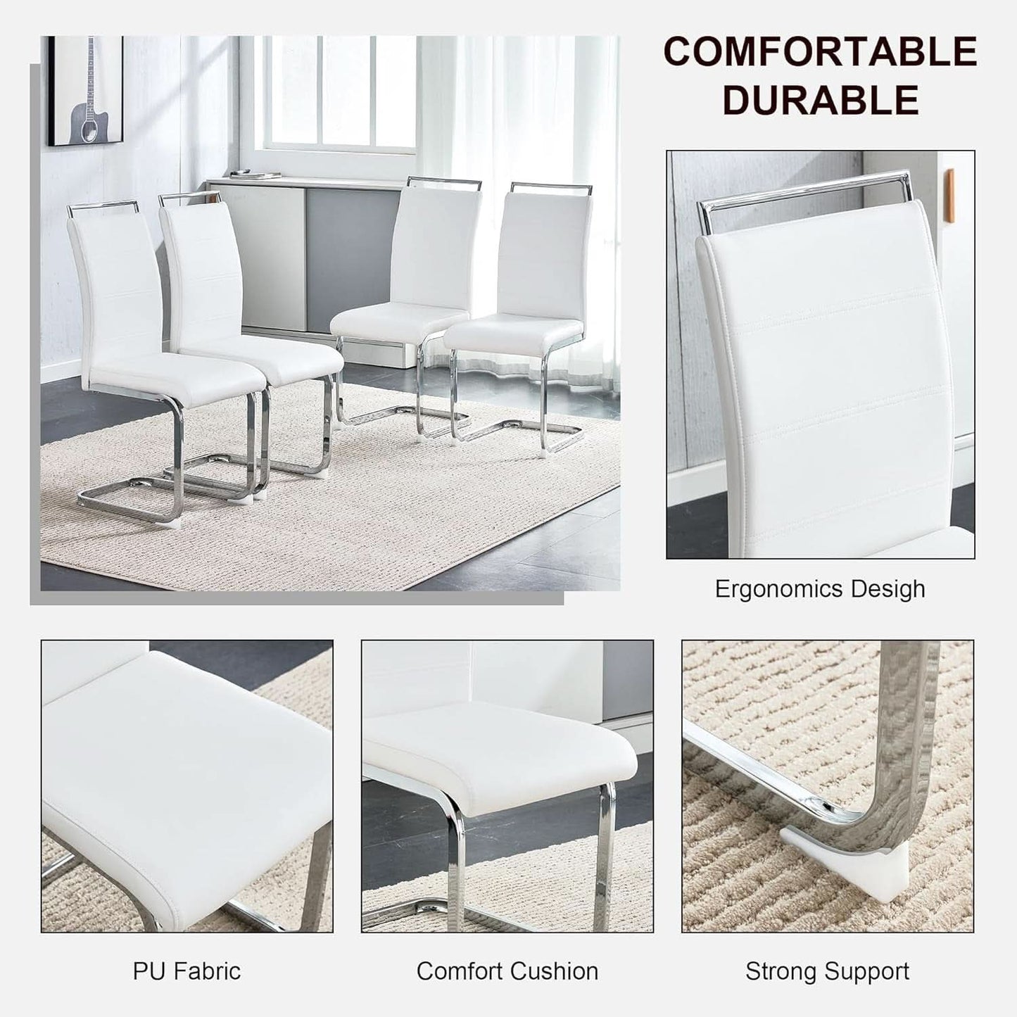 White PU Leather Dining Chair Set High Back Upholstered