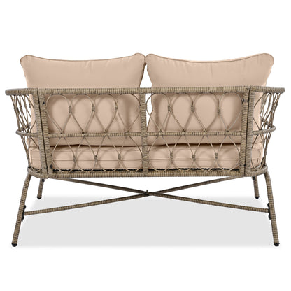 Outdoor Patio Set Wicker Boho Beige Cushion Oval Acacia Table 4 Piece