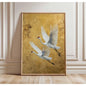 Japanese Elegant Crane Birds Nature Poster Flying Cranes in Gold and White Canvas Painting Asian Wall Art Living Room Home Decor