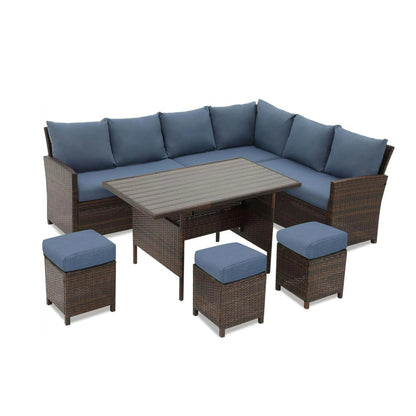 Outdoor Dining Set PE Rattan Brown Blue 7 Piece Seats 8