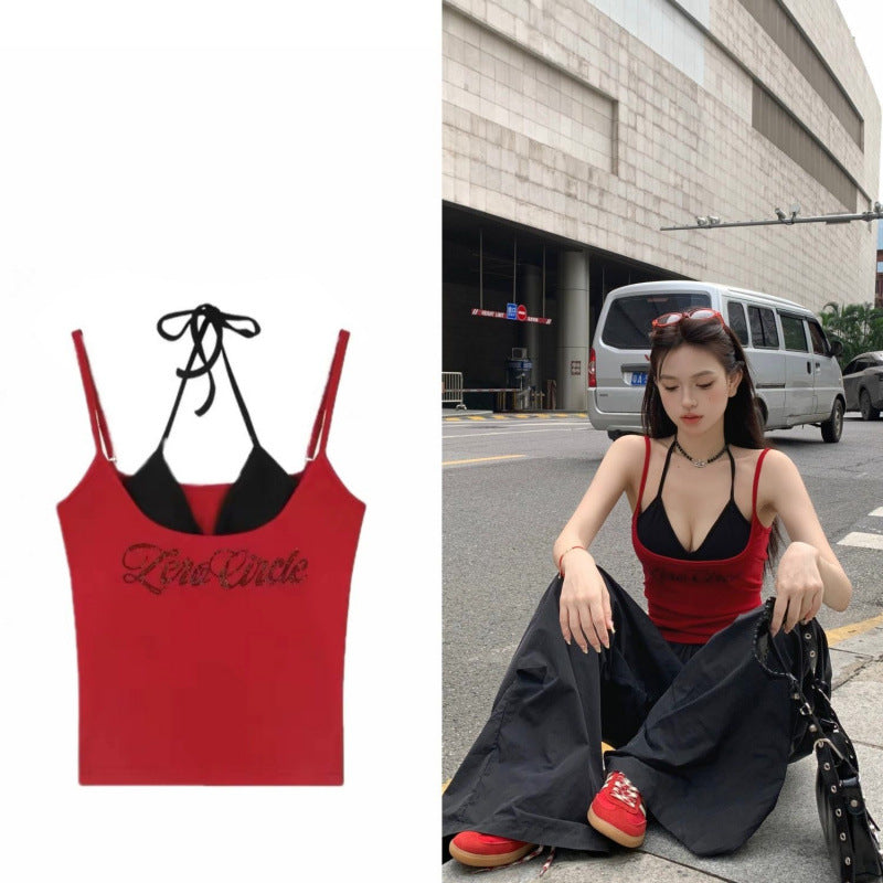 Spicy Chic Rhinestone-Embellished Camisole Tank Top Pure & Alluring Slim-Fit Short Top