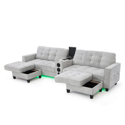 Sectional Sofa U-Shape Chenille Light Gray 6 Seat Bluetooth 126 In