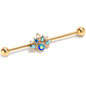 14G Blue Gem Gold Tone Filigree Tiara Industrial Barbell 38mm