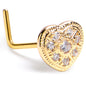 20G 7mm Clear CZ Gem Gold Tone Ultra Luxe Heart L Shape Nose Ring