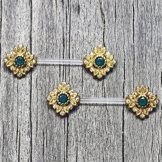 14G 9/16 Gem Bioplast Deco Age Barbell Nipple Ring Set