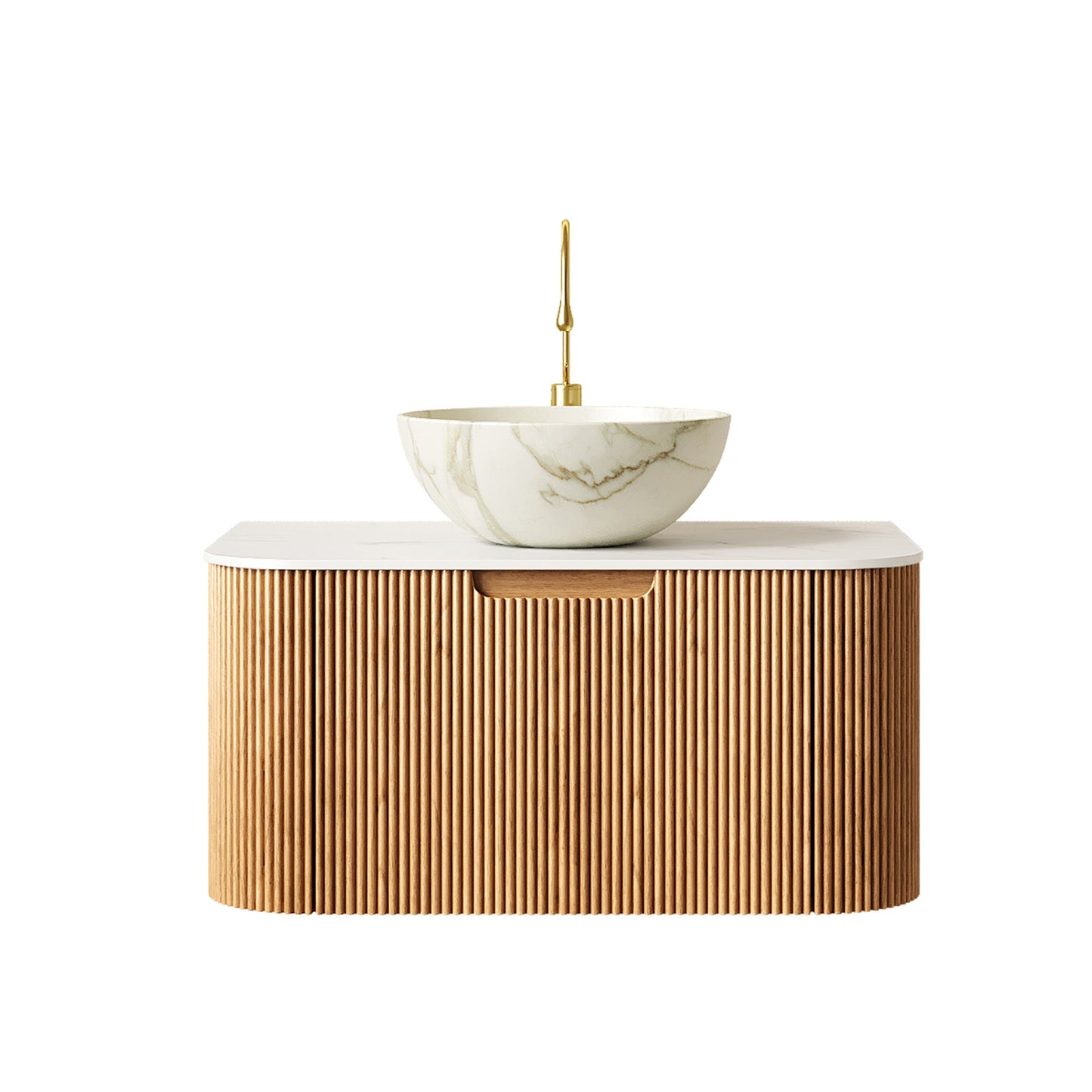 30' Bathroom Vanity&Sink, Floating Curved Edges Striped Storage Cabinet with ...
