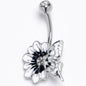 Clear Gem White Flower Butterfly Belly Ring