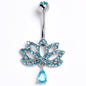Blue CZ Gem Internally Threaded Lotus Fashion Flower Dangle Belly Ring