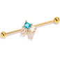 14G Blue CZ Gem Gold Tone Rhombus Riot Industrial Barbell 38mm