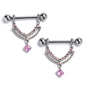 14G 9/16 Pink CZ Gem Double Curvation Dangle Nipple Ring Set