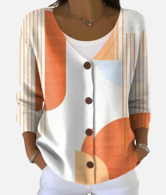 Womens Printed Knitted Sweater With Buttons Printed Cardigan