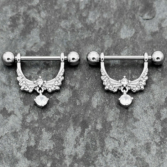 14G 9/16 Clear CZ Gem Alluring Wings Dangle Nipple Ring Set