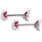 14G 9/16 Clear CZ Gem Butterfly Blossom Pink Barbell Nipple Ring Set