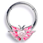 16G 3/8 Pink CZ Gem Heart Butterfly Pink Hinged Segment Ring