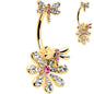 Clear Pink Gem Gold Tone Flower Bug Double Mount Belly Ring