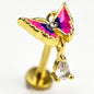 16G 5/16 Clear Gem Gold Tone Butterfly Pink Dangle Labret Tragus