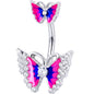 Clear Gem Butterfly Pink Blue Double Mount Belly Ring