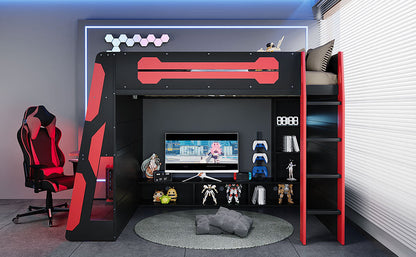 Full Size Wood Loft Bed with Desk, Multi-storage Shelves and RGB Light, Red