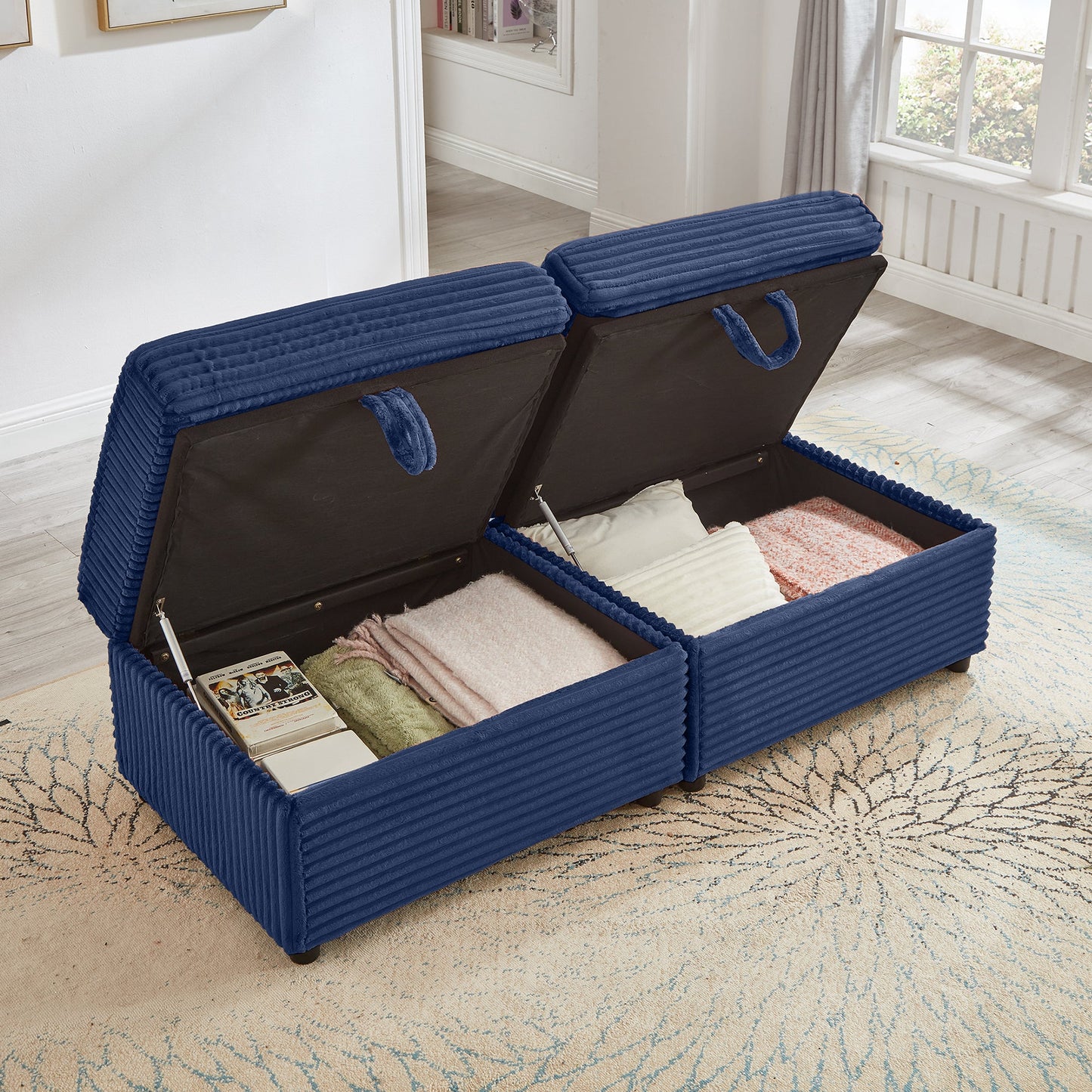 Convertable Loveseat L-Shape Corduroy Blue Storage Chaise 2 Ottomans USB 69 In