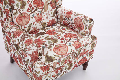 Accent Chair Wingback Linen Floral Red Pine Legs 28x30x38 In