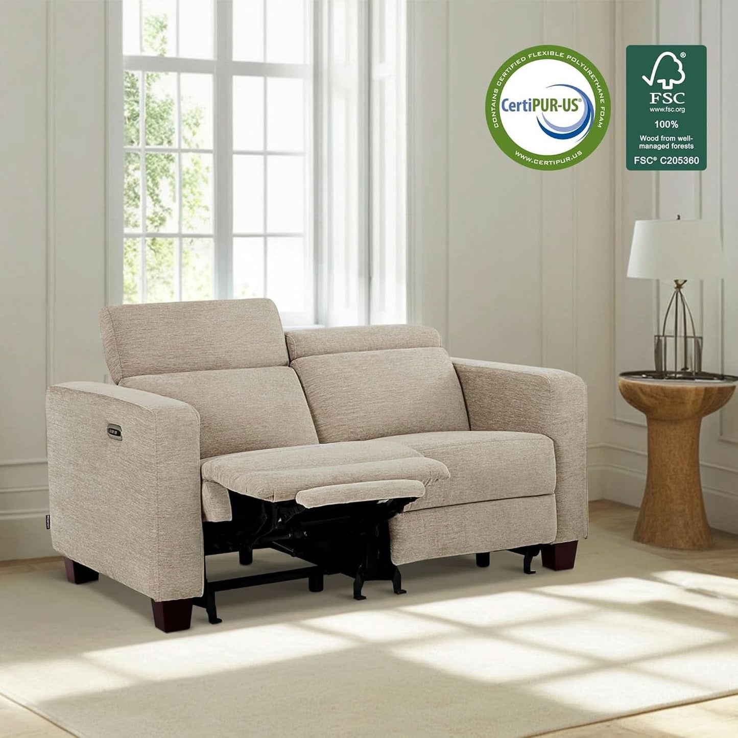 Beige Fabric Wall Hugger Power Loveseat Recliner USB