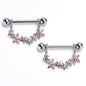 14G 9/16 Pink CZ Gem Flower Chain Dangle Nipple Ring Set