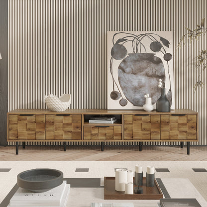 TV Stand Natural Wood Checkered MDF Soft-Close Doors Fits 85 In TV 78.7 In