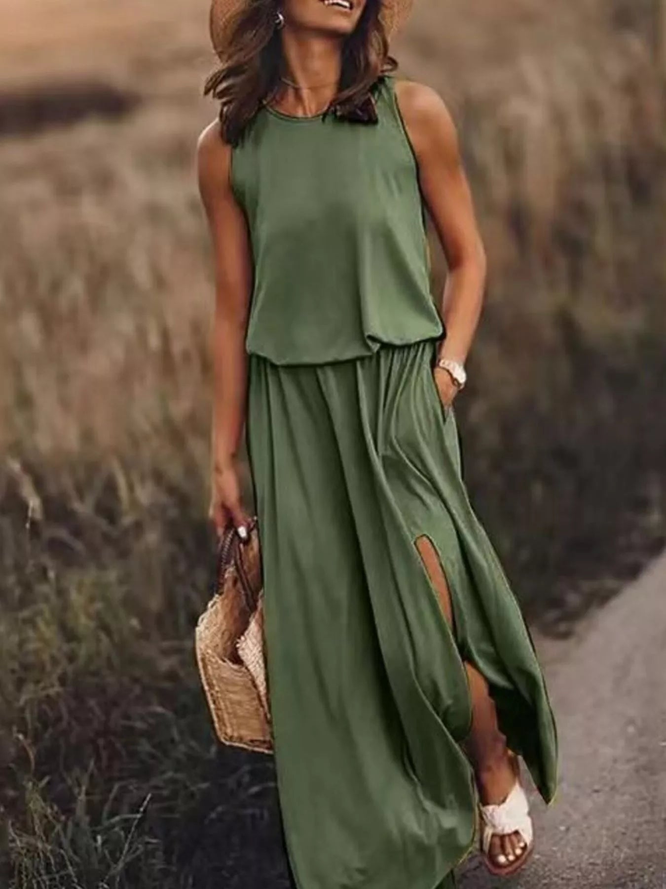 Full Size Round Neck Sleeveless Slit Maxi Dress Plus Size
