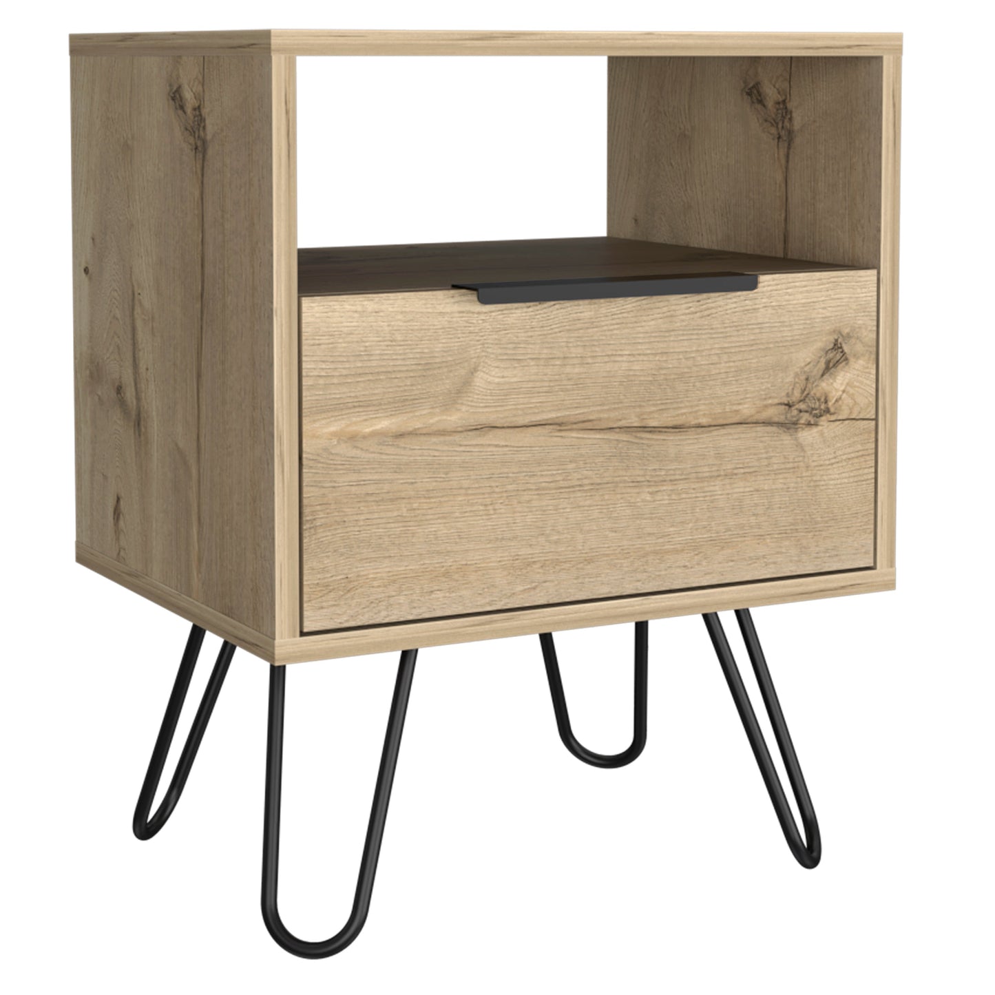 Set of 2 Modern Nightstands with Storage, Metal Legs, Light Oak