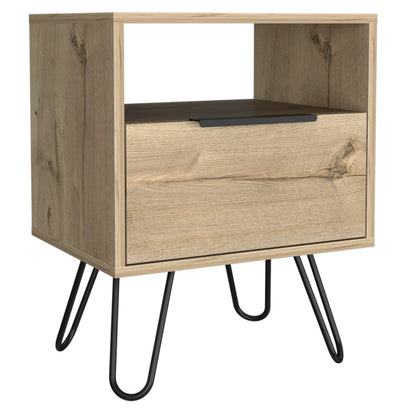 Set of 2 Modern Nightstands with Storage, Metal Legs, Light Oak