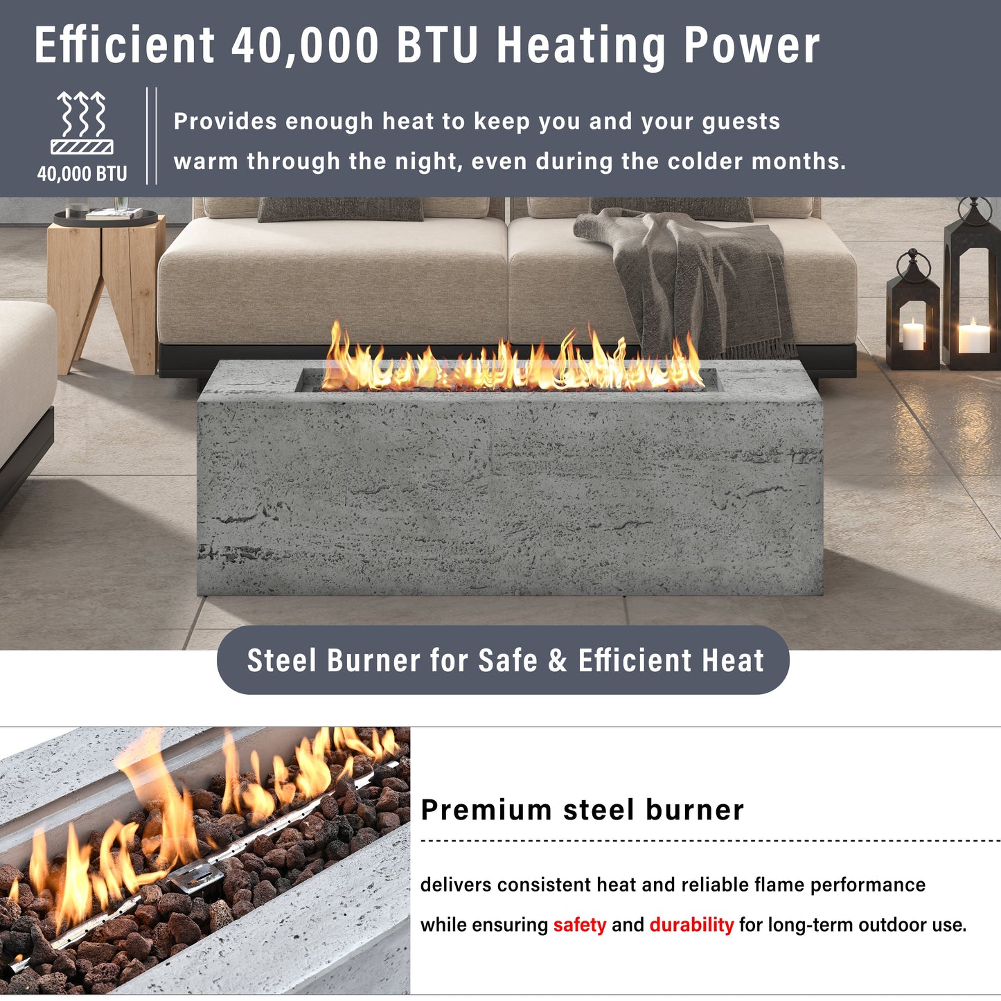 Fire Pit Propane Rectangular MGO Gray 40000 BTU with Tank Cover 41.9 In