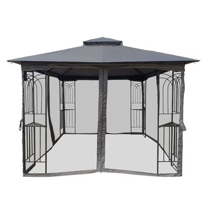 Gazebo Steel Gray 10x10 Ft Double Vented Roof Mesh Sidewalls UV-Resistant