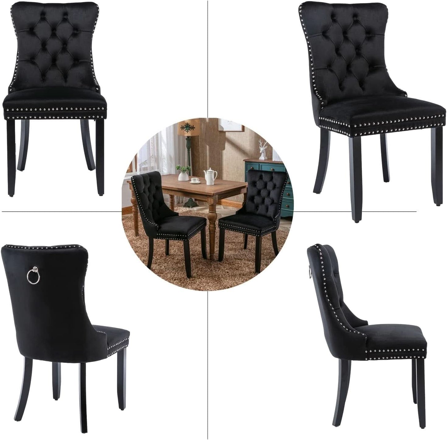 Black Velvet Dining Chairs Set of 4 with Solid Wood Legs