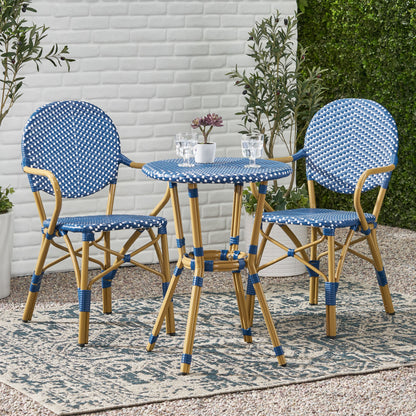 Outdoor PE Rattan and Aluminum 3 Piece French Bistro Set, Dark Teal & White,