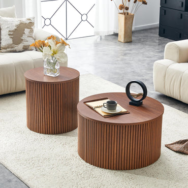 2-Piece Nesting Coffee Table Set, Roman Column MDF Round, Built-in Storage