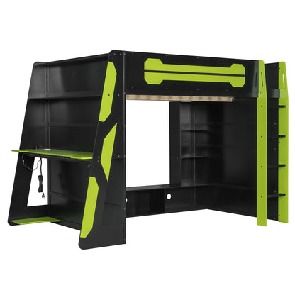 Full Size Wood Loft Bed with Desk, Multi-storage Shelves and RGB Light, Green