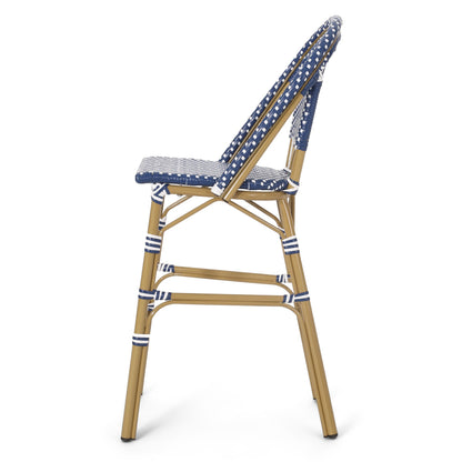 Outdoor PE Rattan French Barstool Set, Dark Teal and White, Aluminum Frame,