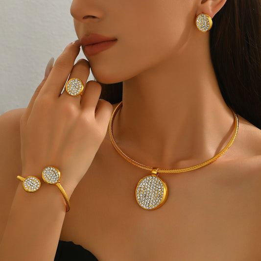 Cross-border Vintage European American Jewelry Set Includes Necklace, Earrings & Bracelet, Geometric Design Inlaid Clear Cubic Zirconia, Round Tag Pendant Clavicle Chain Wrist Accessories For Women