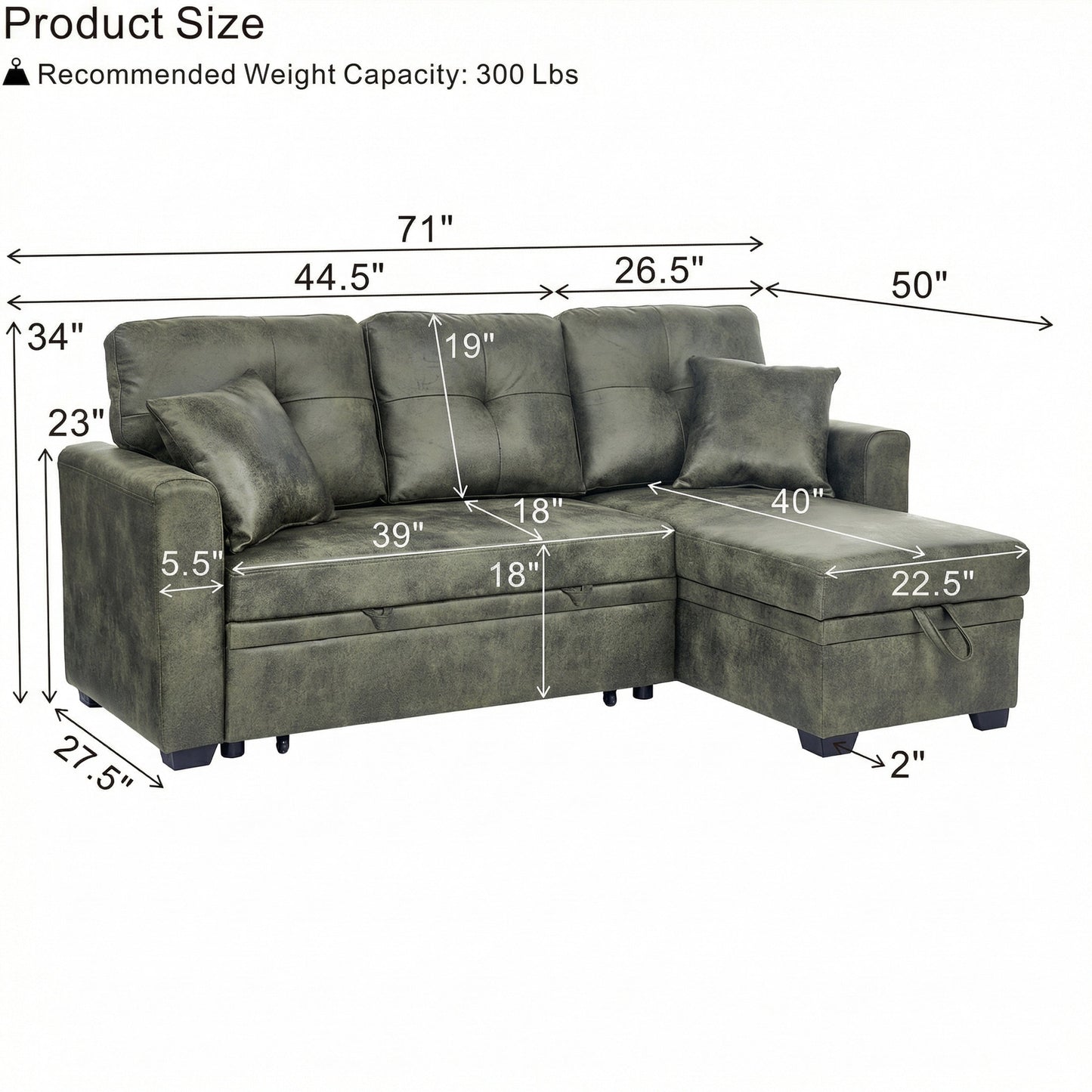 Sectional Sofa L-Shape Olive Green Sleeper 71