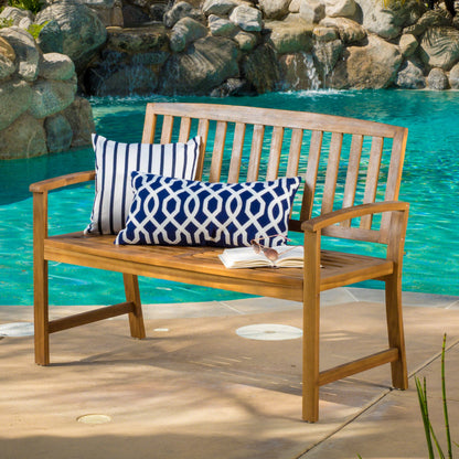 Outdoor Bench Acacia Wood Teak Finish Farmhouse Backrest 48.82x23.62 In 250 LB