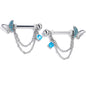 14G 9/16 Blue Gem Butterfly White Dangle Nipple Ring Set
